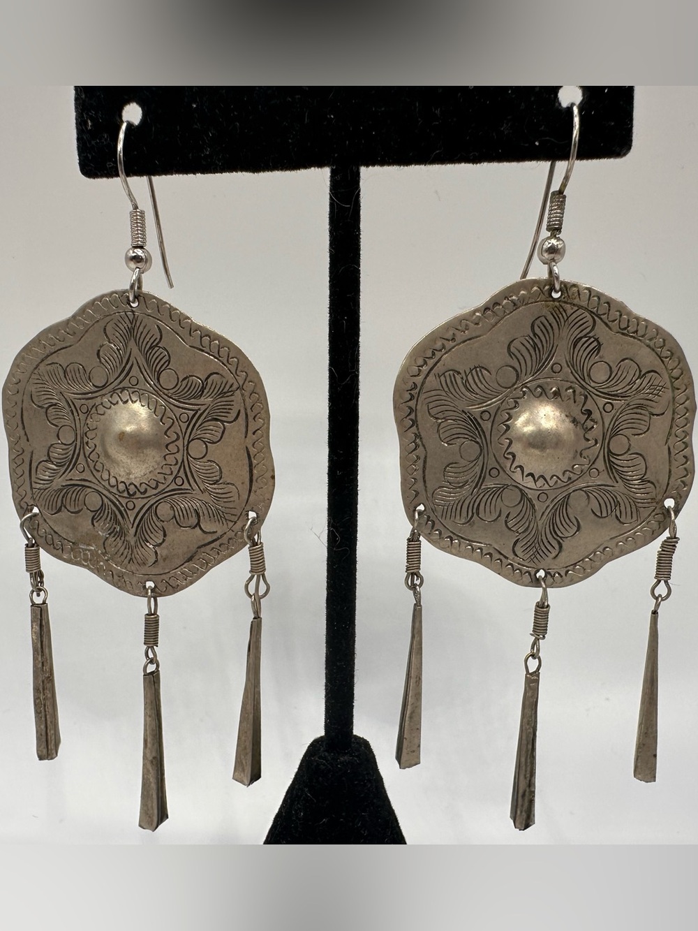 Statement Silver Hand Engraved Mexican Dangle Earrings